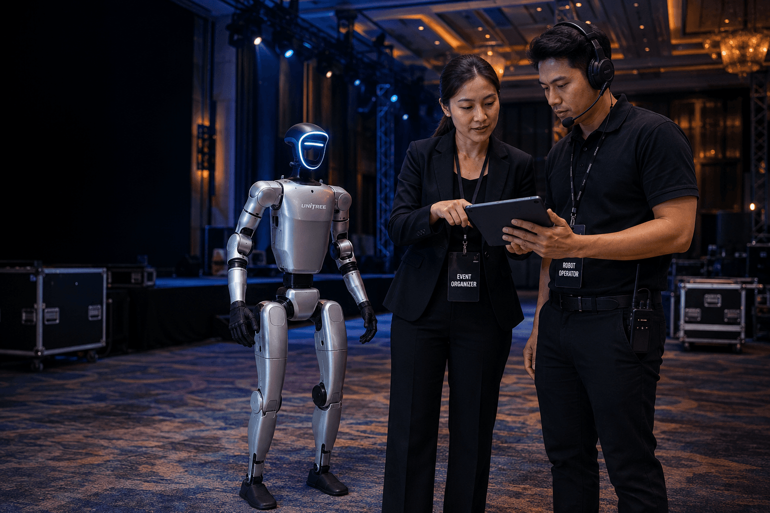 Event organizer and robot operator planning a Unitree G1 appearance before an event
