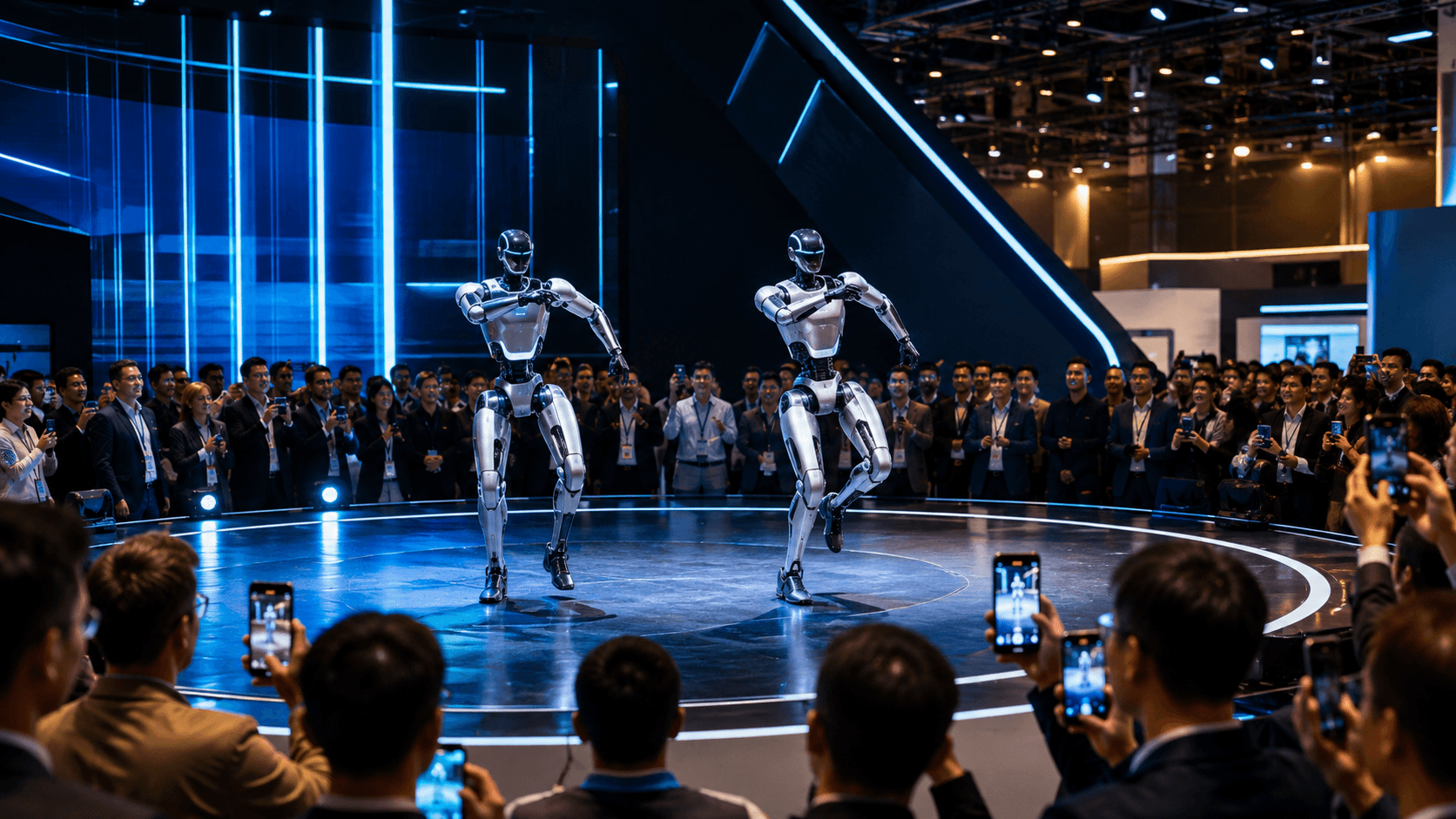 Two humanoid robots performing for a large audience at a technology exhibition