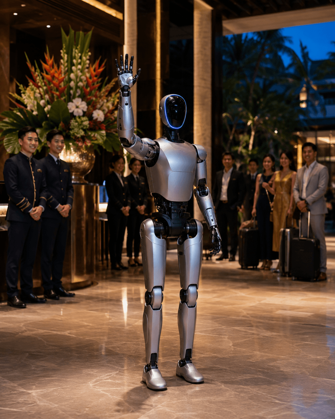 Humanoid robot welcoming guests in a luxury Thai hotel lobby