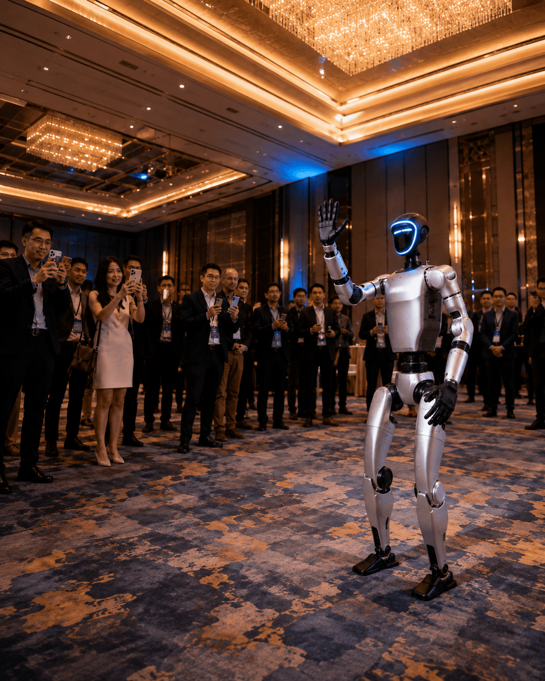 Concept visualization of a Unitree G1 humanoid robot engaging guests at a premium event
