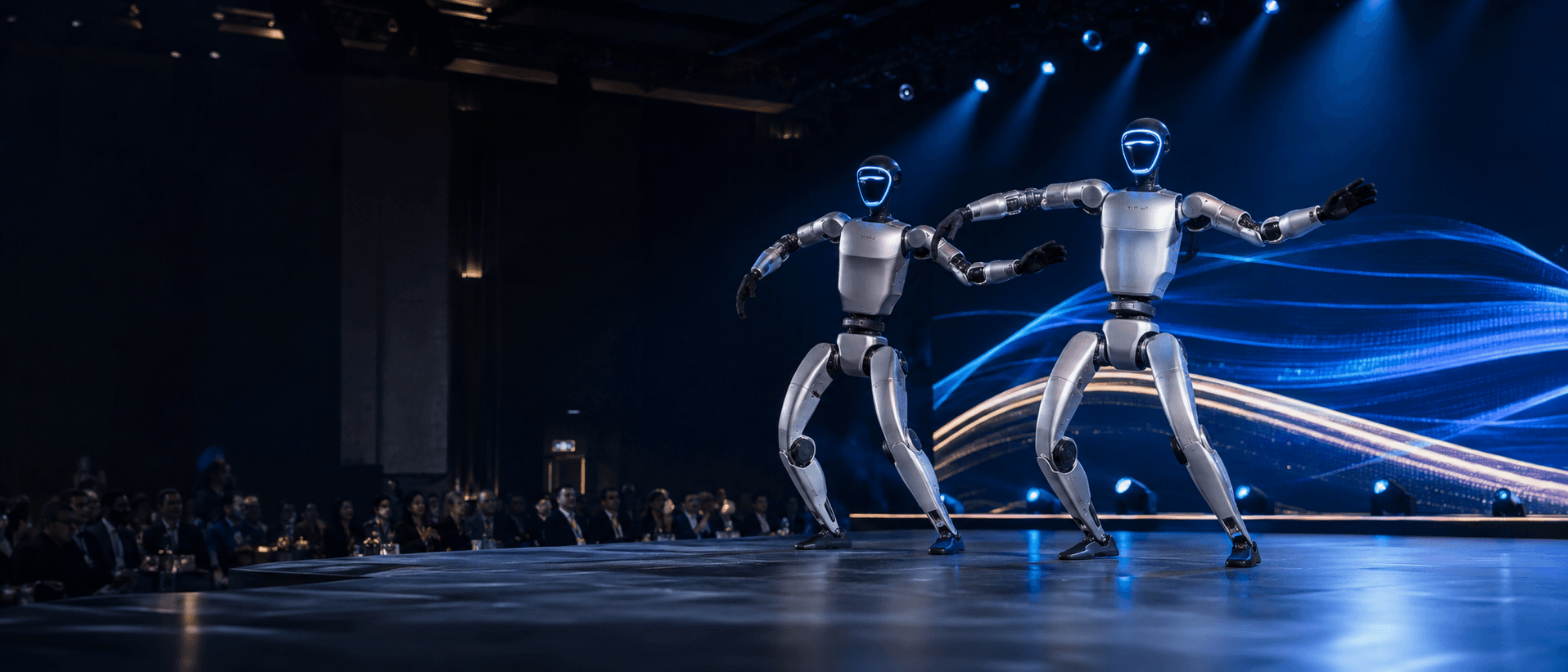 Two humanoid robots performing at a premium event