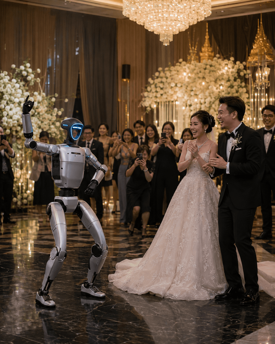 Humanoid robot entertaining a couple and guests at a luxury Thai wedding